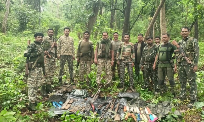 Maoist dump unearthed in Bijapur; weapons ranging from SLR, LMG, and INSAS rifles to BGL shells and grenades recovered.