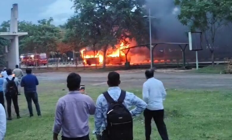 Fire breaks out suddenly in government bus; staff panicked by smoke; major accident averted.