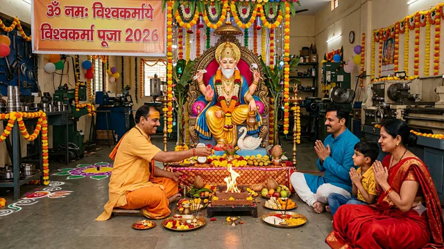 Vishwakarma Jayanti 2026: Perform the puja during this auspicious time today; learn the rituals, from the offering of *bhog* to the *aarti*.
