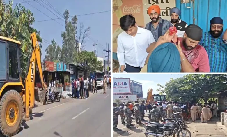 Administration arrives in Raipur to demolish a dhaba; owner pours petrol on himself, causing panic; action halted pending court order.